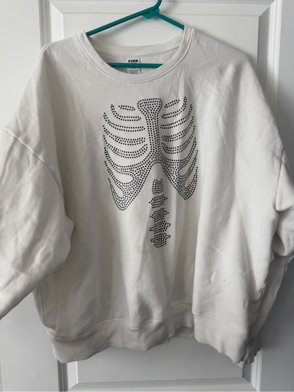 PINK Victoria's Secret White Crewneck Sweatshirt with Black Dot Ribcage Graphic